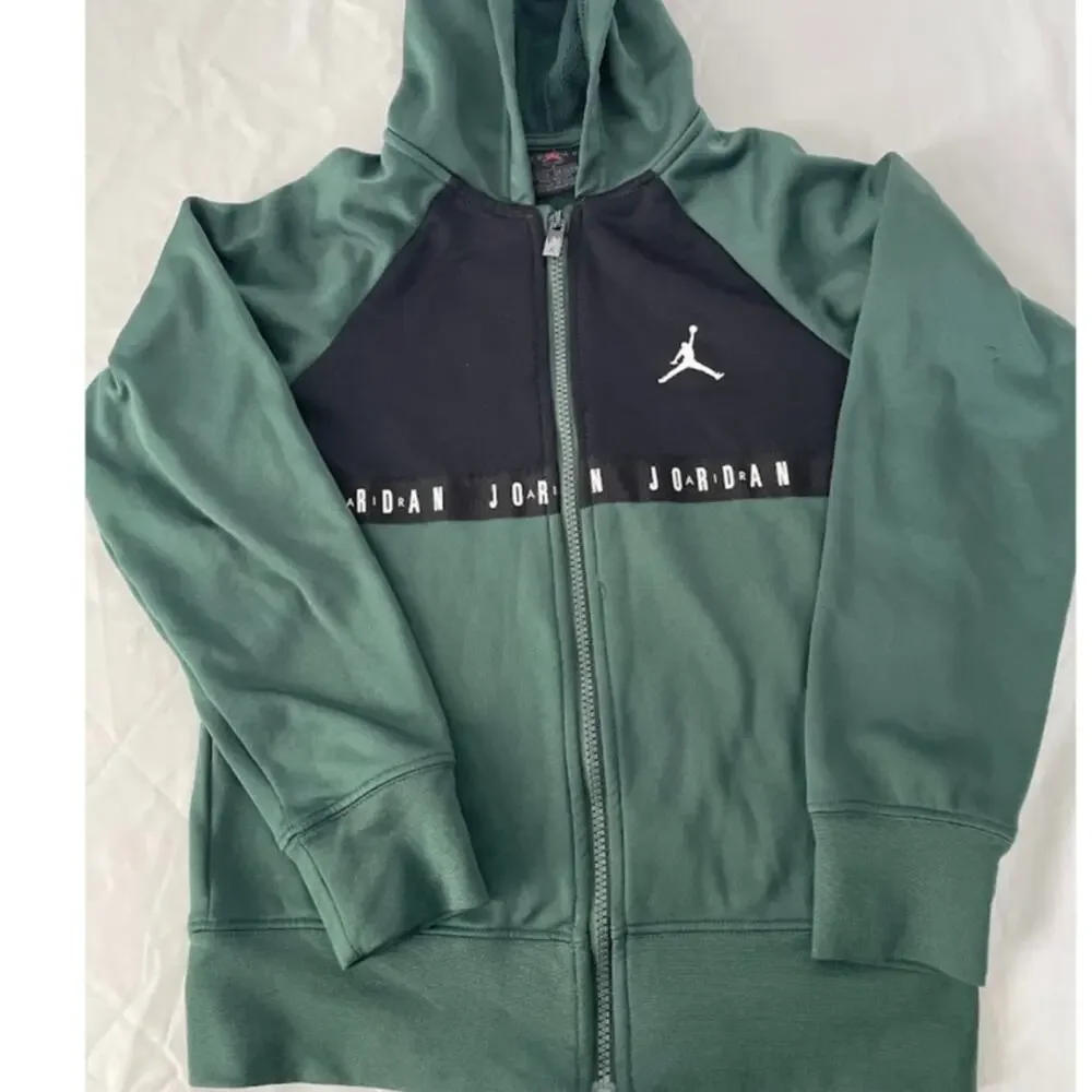 Nike Air Jordan Boys Full Zip Hoodie Green Black Spellout Sweatshirt Size 8